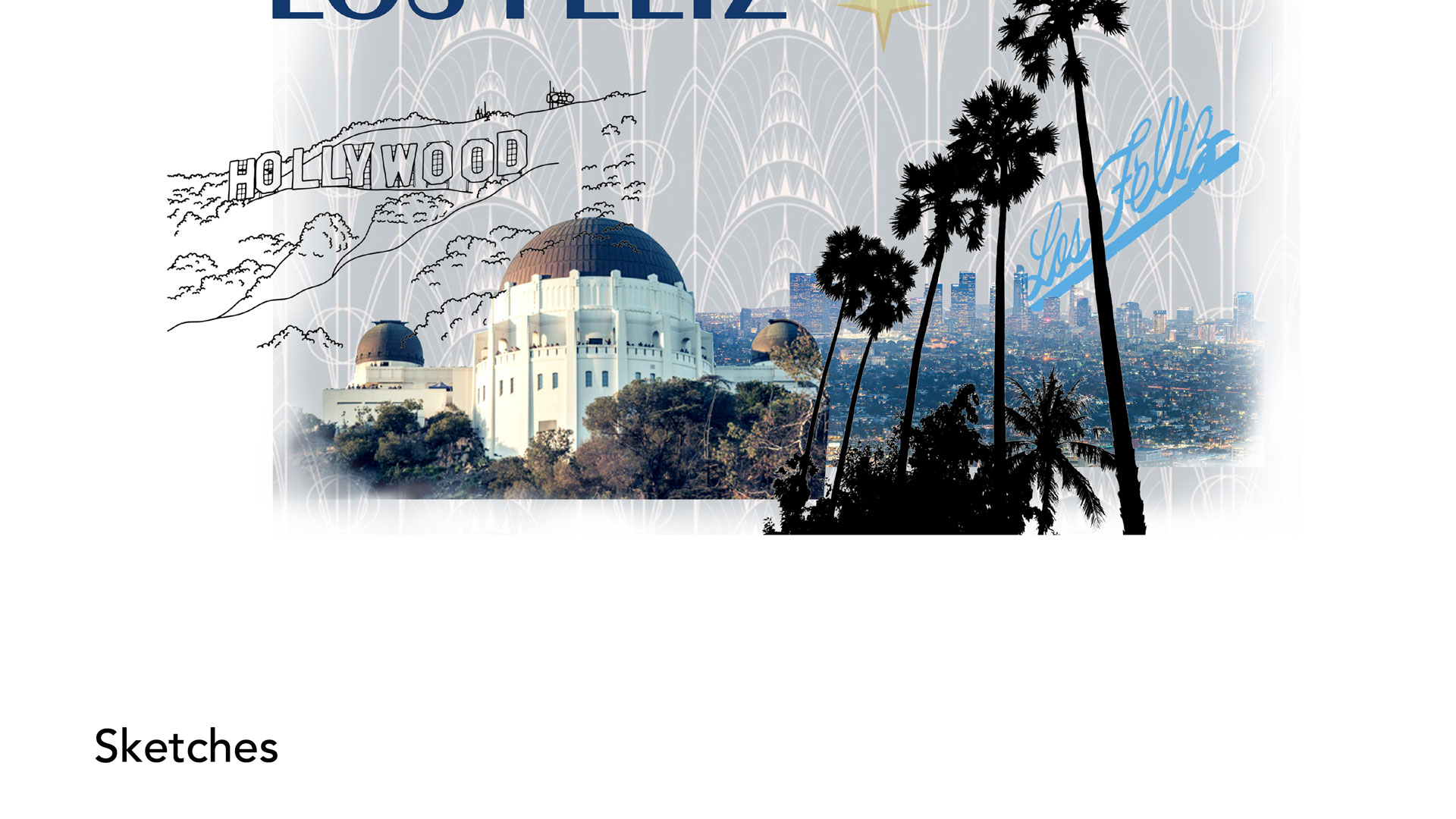 brandboard showing elements of los feliz, such as griffith observitory, hollywood sign, palm trees, view of los angeles, art deco pattern